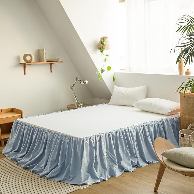 BISELINA French Linen Bed Skirt with Pleated Frills 14-Inch Tailored Drop Natural Flax Cotton Blend Dust Ruffle Soft Cozy Farmhouse Bedding (14" Queen, Dusty Blue)