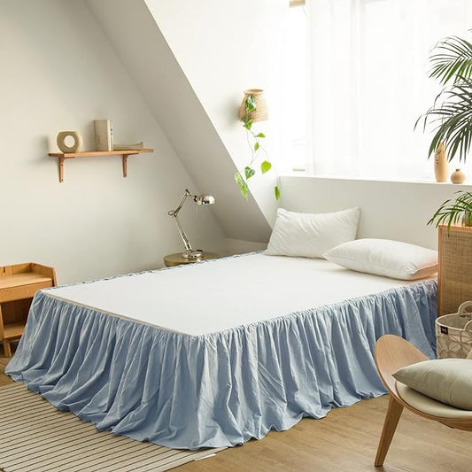 BISELINA French Linen Bed Skirt with Pleated Frills 14-Inch Tailored Drop Natural Flax Cotton Blend Dust Ruffle Soft Cozy Farmhouse Bedding (14" Full, Ruffle Dusty Blue)