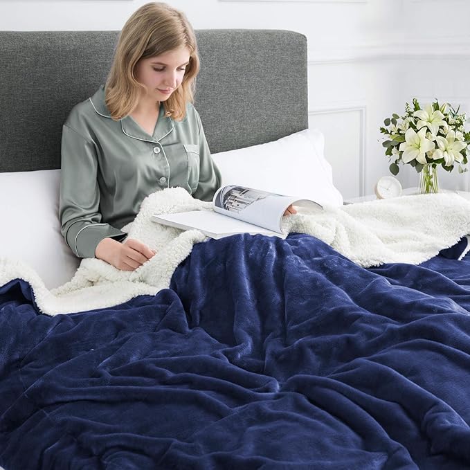 MOONLIGHT20015 Sherpa Blankets Queen Size - (Navy, 90X90 Inches) Fuzzy, Soft and Wool/Fleece Blanket for Bed, Fluffy Blankets for Winter, Camping and Travel