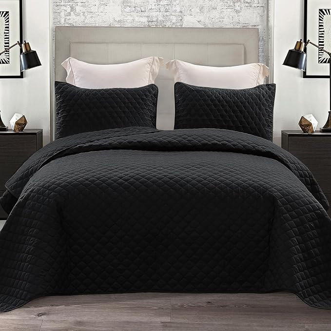 Exclusivo Mezcla Reversible California King Size Quilt Bedding Set with Pillow Shams, Lightweight Quilts Cal King Size, Soft Bedspreads Bed Coverlets for All Seasons - (Black, 112"x104")