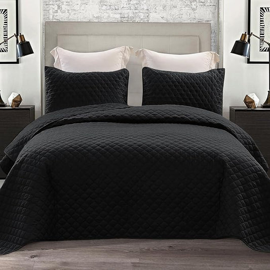 Exclusivo Mezcla Reversible Full Queen Quilt Bedding Set with Pillow Shams, Lightweight Quilts Queen Size, Soft Bedspreads Bed Coverlets for All Seasons - (Black, 90"x96")