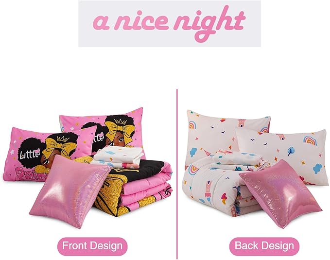 A Nice Night Black Girl Little Princess Comforter Set, Pink 6Pcs Bed in A Bag Queen Size Sparkling Stars Bedding Set,for Kids, Girls