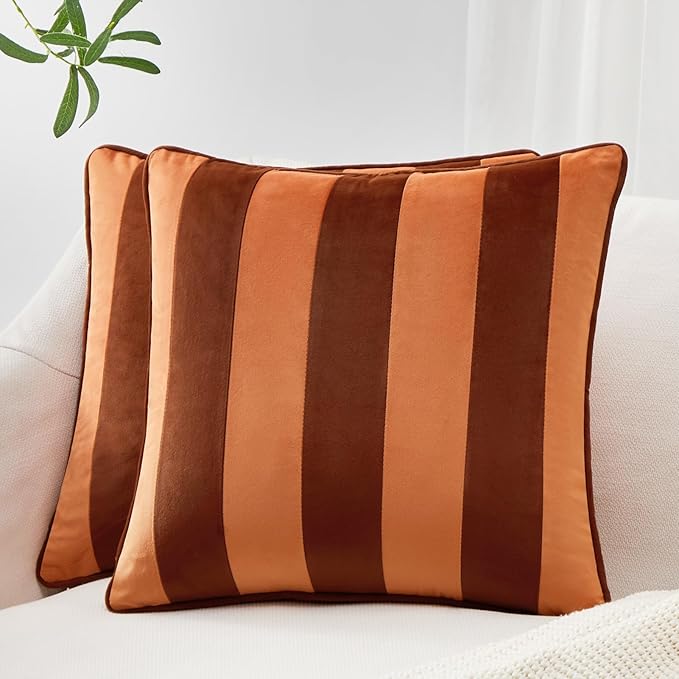 MONDAY MOOSE Decorative Throw Pillow Covers Cushion Cases, Set of 2 Soft Velvet Striped Piping Edge Designs, Pillow Inserts Not Included (16x16 inch, Rust/Coral)