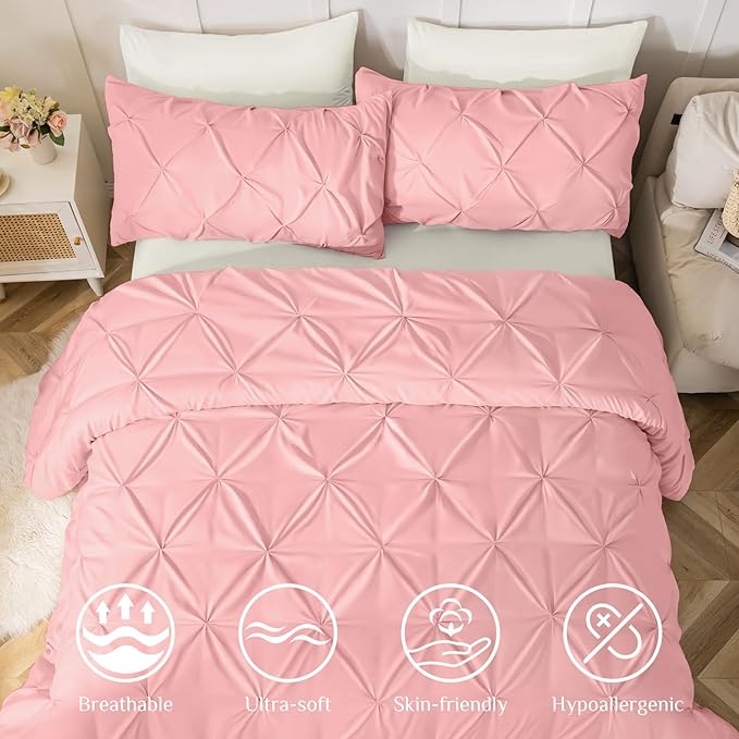 JOLLYVOGUE Full Size Comforter Sets 7 Pieces - Bed in a Bag Full for All Season, Pintuck Bedding Comforter Sets with Comforter, Flat Sheet, Fitted Sheet and Pillowcases & Shams, Pink & Ivory