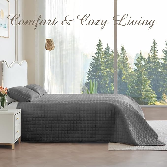 Luxury Velvet Quilt Set King Size, Comforter Set with Pillow Shams, Soft Lightweight Bedspread Coverlet Bedding Sets for All Seasons, Dark Grey