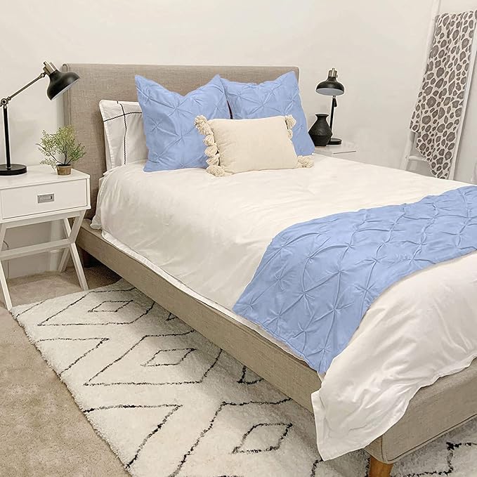 Bed Runner Set - 100% Pure Cotton 800 Thread Count - Luxury 1 Pinch Pleated Bed Runner and 2 Pillow Cover - 3 Piece Pinch Pleated Bed Runner Set Twin, Light Blue