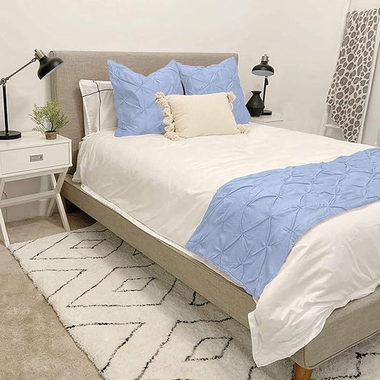 Bed Runner Set - 100% Pure Cotton 800 Thread Count - Luxury 1 Pinch Pleated Bed Runner and 2 Pillow Cover - 3 Piece Pinch Pleated Bed Runner Set Queen, Light Blue