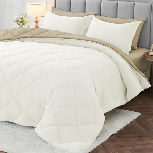 MUXHOMO 5 Pieces Twin Comforter Set, Reversible Bed in a Bag Twin Size, All Season Bedding Set with Comforter, Flat Sheet, Fitted Sheet, Pillowcases & Shams, Ivory & Khaki