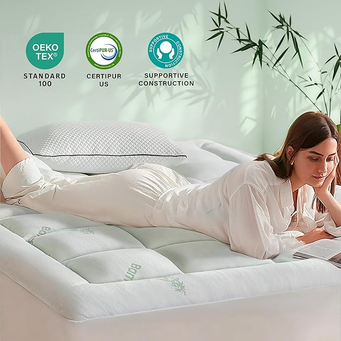Anluoer Mattress Topper Queen Rayon Derived from Bamboo, Memory Foam Pillow Top Mattress Topper for Back Pain Relief, Thick Soft Mattress Pad with 8-21" Deep Pocket, 60x80 Inches, White