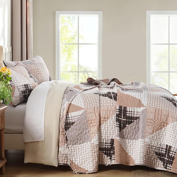 Annibedding Quilt Set King Size, Plaid Patchwork Bedspread Geometric Reversible Bedding Sets, 3 Piece Soft Microfiber Farmhouse Bedding Quilt Set for All Season (King, 110''x90'')