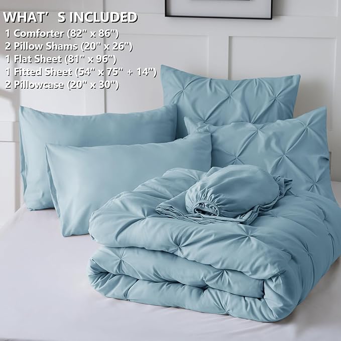 Full Comforter Set Light Blue, 7 Pieces Pintuck Bed in A Bag Full Size Bedding, Soft Bed Set All Season Pinch Pleat Comforter Set with Sheets, Pillowcases & Shams