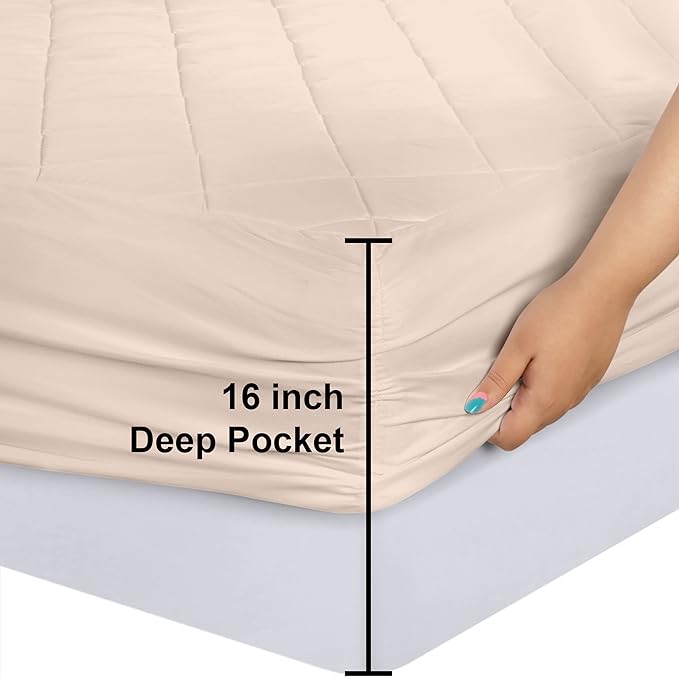 Utopia Bedding Quilted Fitted Mattress Pad, Queen Size, Elastic Fitted Mattress Topper Protector and Cover with Deep Pocket Stretches up to 16 Inches, Machine Washable (Beige)
