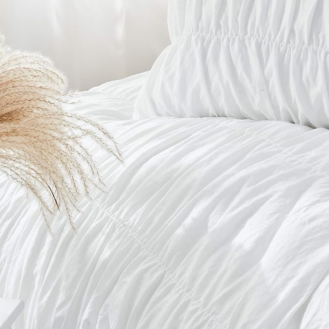 Bonlino Queen Comforter Set White Bedding - Ruched Comforter Queen Size Bed Set Boho Shabby Chic Bedding for Bedroom Comforter Fluffy 3 Piece Ruffle Comforter Set with Pillow White Soft