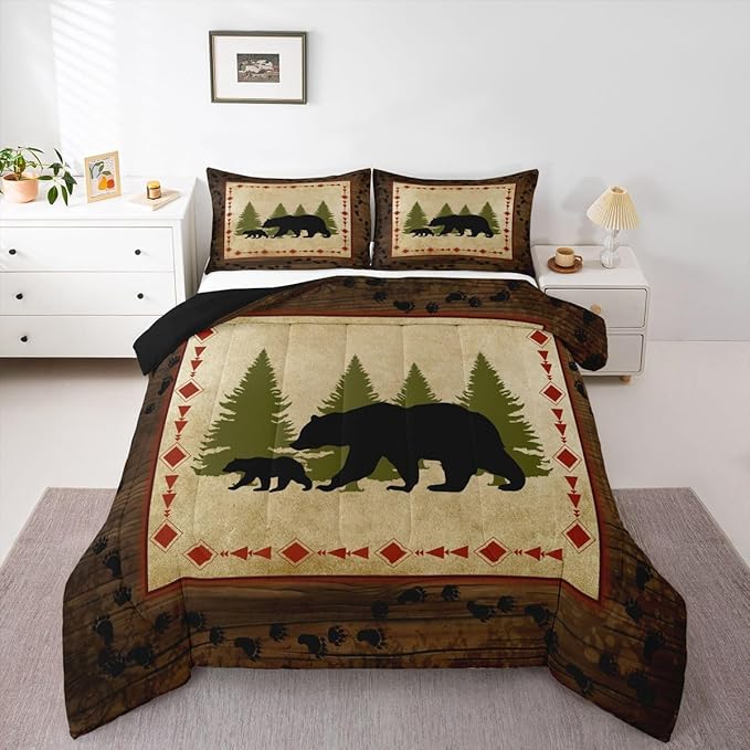 Bear Comforter Set King Size Rustic Farmhouse Bear Wildlife Bedding Wild Bear Bedding Comforter Sets Country Cabin Lodge Decor Down Comforter Nature Woodland Bear Paw Print Duvet Insert Brown Green