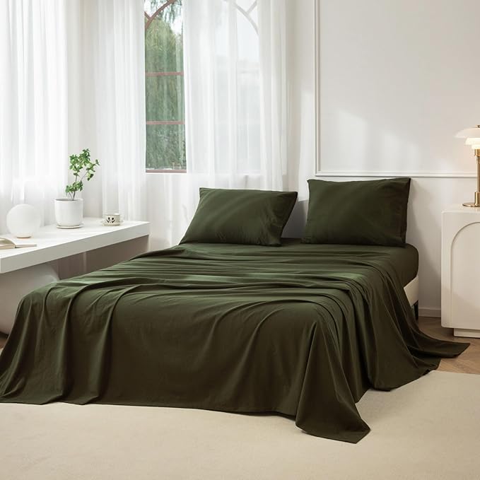 JIYUAN 100% Washed Cotton Sheet Set 3 Pieces Twin,1 Fitted Sheet,1 Flat Sheet and 1 Pillowcase, Comfy and Breathable Linen Like Bedding Set,Olive Green