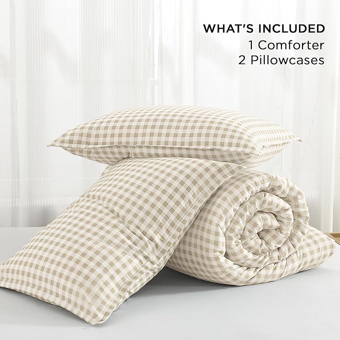 Andency Beige Gingham Comforter Set Queen(90x90Inch), Cream Checkered Grid Plaid Buffalo Bed Set for Girls Boys Kids Teens, 3 Pieces Lightweight Microfiber Geometric Preppy Bedding