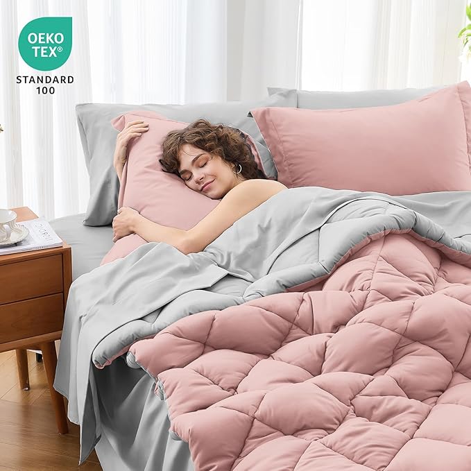 MUXHOMO 7 Pieces California King Comforter Set, Reversible Bed in a Bag Cal King Size, All Season Bedding Set with Comforter, Flat Sheet, Fitted Sheet, Pillowcases & Shams, Pink & Light Grey