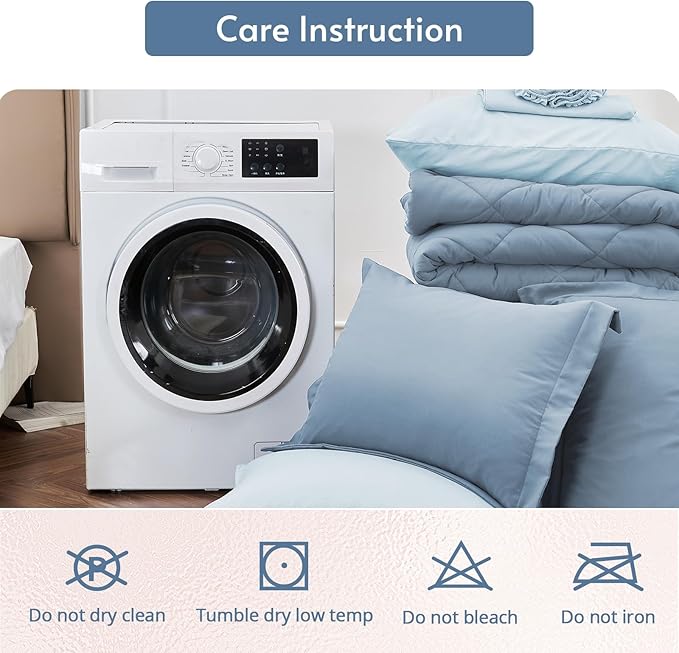 MUXHOMO 7 Pieces Queen Comforter Set, Reversible Bed in a Bag Queen Size, All Season Bedding Set with Comforter, Flat Sheet, Fitted Sheet, Pillowcases & Shams, Mineral Blue & Light Blue