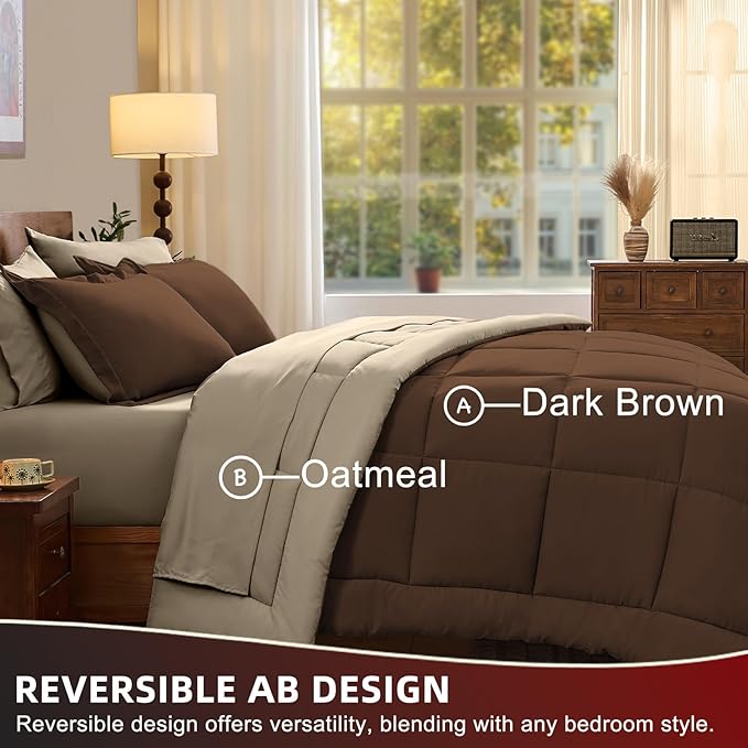 FUANNA Full Size Comforter Sets 7 Pieces, Reversible Bed in a Bag with All Season Comforter, Bedding Sets Includes Comforter, Flat Sheet, Fitted Sheet, Pillowcases & Shams, Dark Brown & Oatmeal