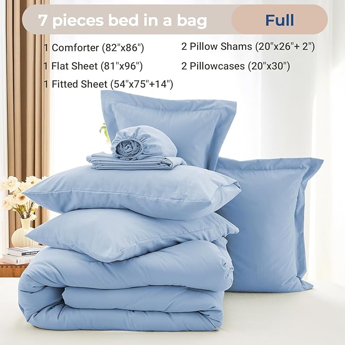 MUXHOMO 7 Pieces Full Comforter Set, Soft Bed in a Bag Full Size, All Season Bedding Set with Comforter, Flat Sheet, Fitted Sheet, Pillowcases & Shams, Greyish Blue