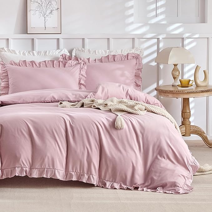 Lekesky Girls Ruffle Duvet Cover Twin Size, 2 Pieces Washed Microfiber Kids' Bedding Set, Aesthetic Shabby Chic Pink Comforter Cover with Ruffled Edges, Zipper Closure & Corner Ties