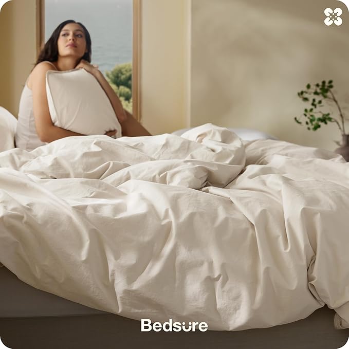 Bedsure Cotton Duvet Cover Oversized King - Luxury Slub Weave 100% Cotton Duvet Cover with a Linen Like Textured, Easy Change Durable Bedding, Ivory, 120" x 98"
