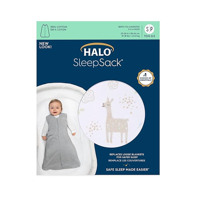 HALO SleepSack, 100% Cotton Wearable Blanket, Swaddle Transition Sleeping Bag, TOG 0.5, Llama Sand, Large, 12-18 Months