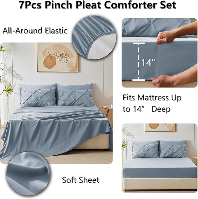Queen Comforter Set Grayish Blue, 7 Pieces Pintuck Bed in A Bag Queen Size Bedding, Soft Bed Set All Season Pinch Pleat Comforter Set with Sheets, Pillowcases & Shams