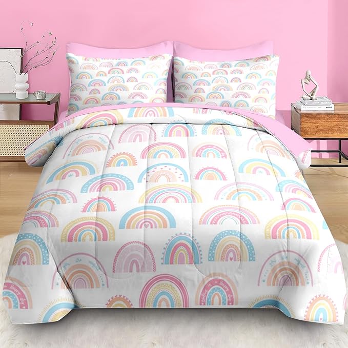 Comforter Set Twin Size, Cute Cartoon Rainbow 5 Pcs Bedding for Kids and Adults, Pink Boho Nursery Bed Sheet Sets with Fitted Sheet Pillowcase & Sham for Bedroom Bed Decor