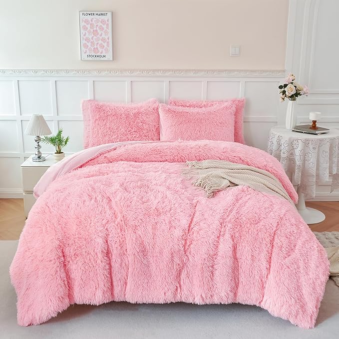 PERFEMET Pink Fluffy Comforter Set Twin Size 3 Pieces Faux Fur Plush Bedding Set for Girls Teen Ultra Soft Cozy Velvet Furry Fuzzy Kids Comforter(Pink, Twin)