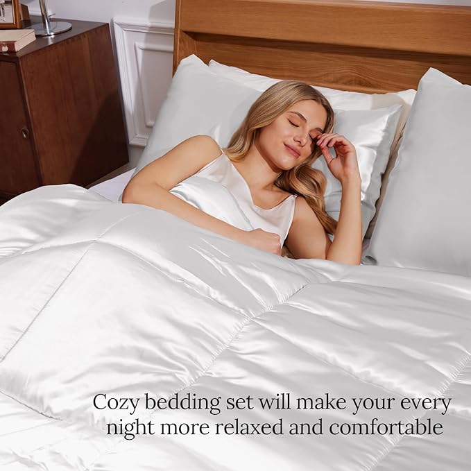 Whale Flotilla 3-Piece Reversible Silky Soft Queen Comforter Bedding Set, Luxurious Satin Comforters Full Size with 2 Satin Pillowcases, Lightweight Duvet for All Seasons, White