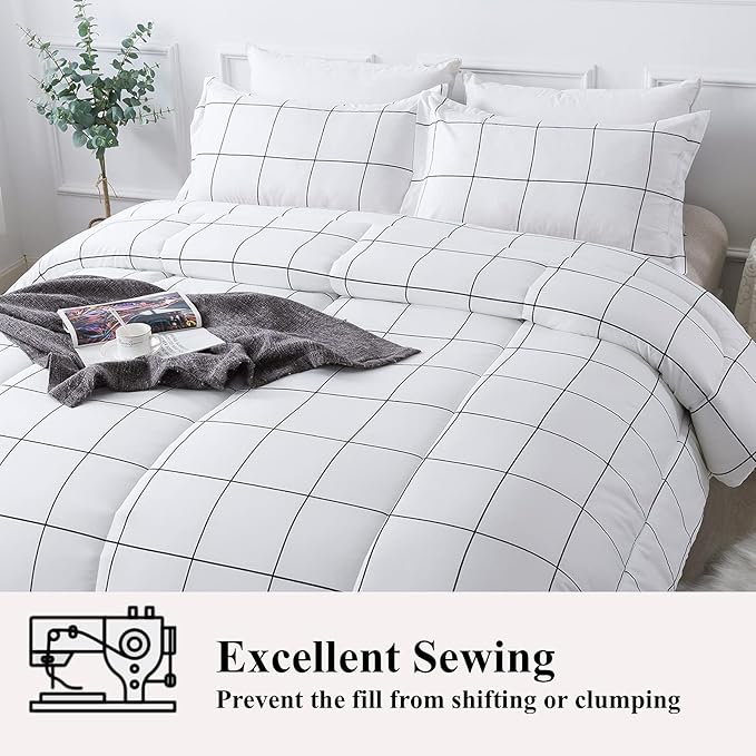 Andency White Grid Comforter Set Full(79x90Inch), 3 Pieces (1 Plaid Comforter and 2 Pillowcases) White Plaid Comforter Set, Lightweight Microfiber Gingham Geometric Comforter Bedding Set