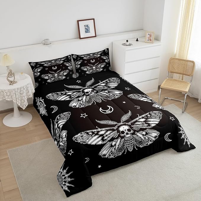 Feelyou Boys Boho Moth Comforter Set Full Size Men Gothic Skull Bedding Set for Girls Women Bedroom Decor Bohemian Moon Star Comforter Personalized Moth Skull Skeleton Bones Duvet Set Teens Quilt Set