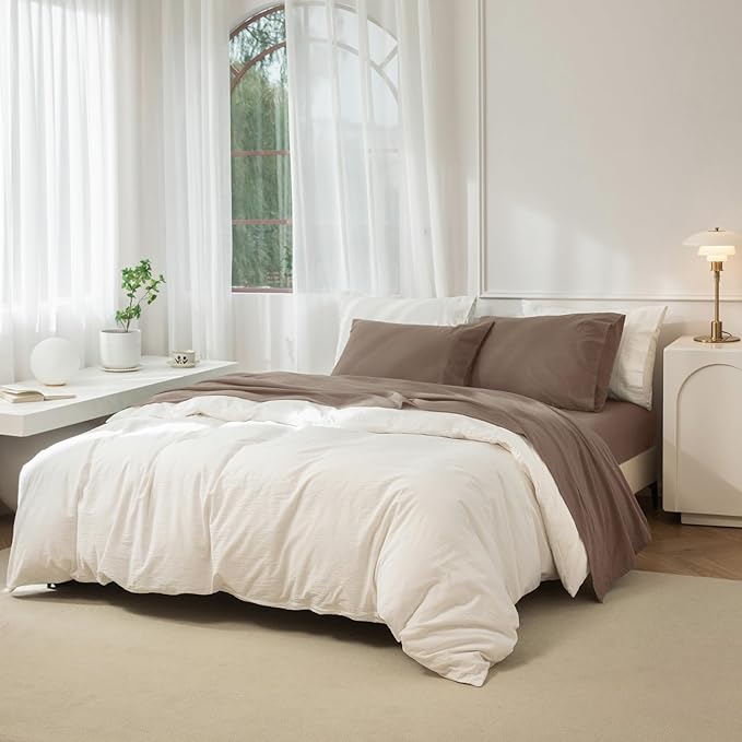 JIYUAN 100% Washed Cotton Sheet Set 4 Pieces Full,1 Fitted Sheet,1 Flat Sheet and 2 Pillowcases,Comfy and Breathable Linen Like Bedding Set,Light Brown