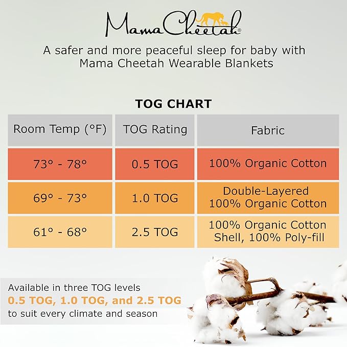 Mama Cheetah Baby Sleep Sack 2.5 TOG, Organic Cotton Baby Wearable Blanket with Two-Way Zipper, Swaddle Transition Baby Sleeping Bag for Newborn Infant Toddler Boy Girl, 6-12 Months