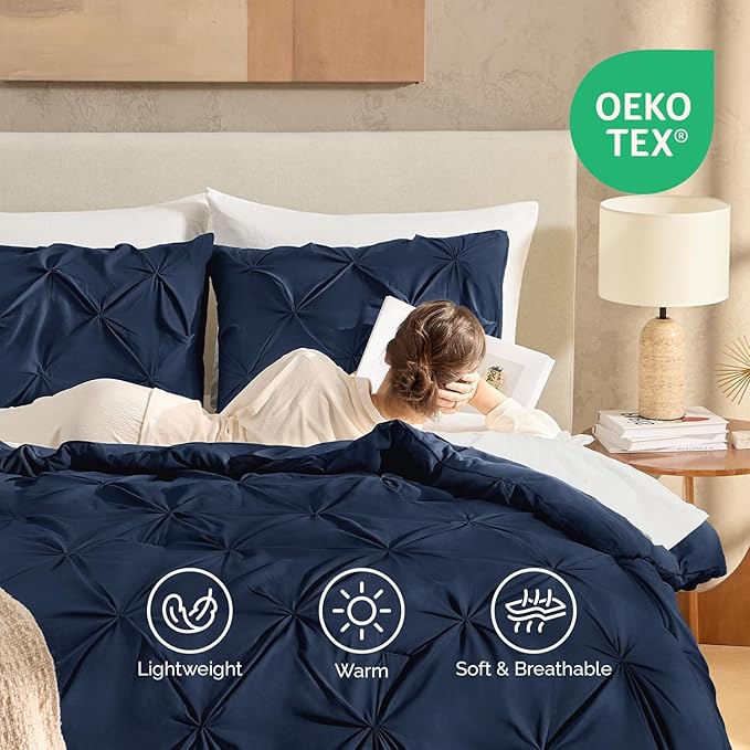 Andency Navy Blue Pinch Pleat Comforter Twin(66x90Inch), 2 Pieces(1 Pintuck Comforter, 1 Pillowcase) Microfiber Pintuck Comforter Set Down Alternative Comforter Bedding Set