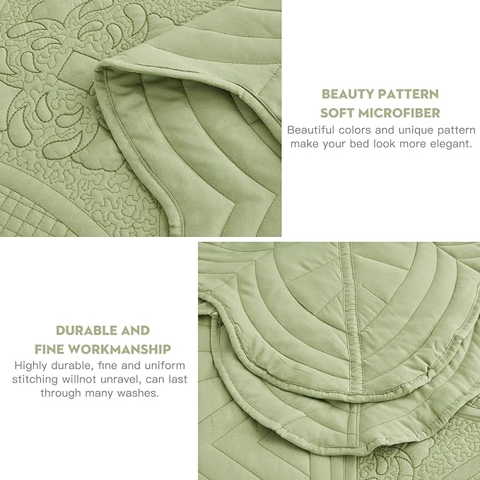 Oversized Bedspread - Queen Size Bedding Cover - Modern & Contemporary Coverlet Set, Real Stitching, Reversible, Lightweight, 5 Piece, Sage Green