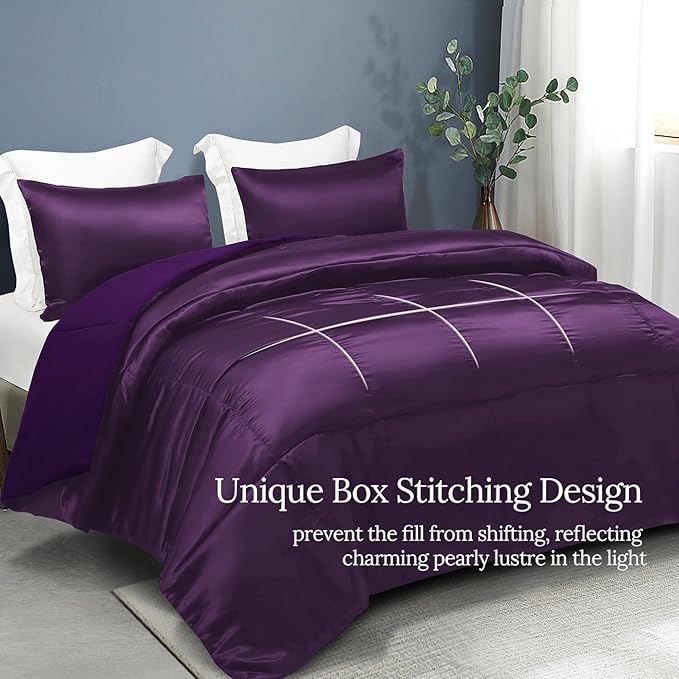 Whale Flotilla 3-Piece Reversible Silky Soft King Size Comforter Bedding Set, Luxurious Satin Comforters Oversized with 2 Satin Pillowcases, Lightweight Duvet for All Seasons, Purple