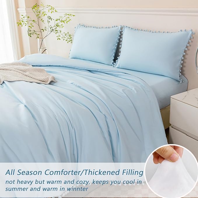 PERFEMET 5 Pieces Light Blue Queen Bed in A Bag Pom Pom Boho Bedding Set for Girls Soft Fluffy Solid Bedding Comforter Set with Sheets(Light Blue, Queen)