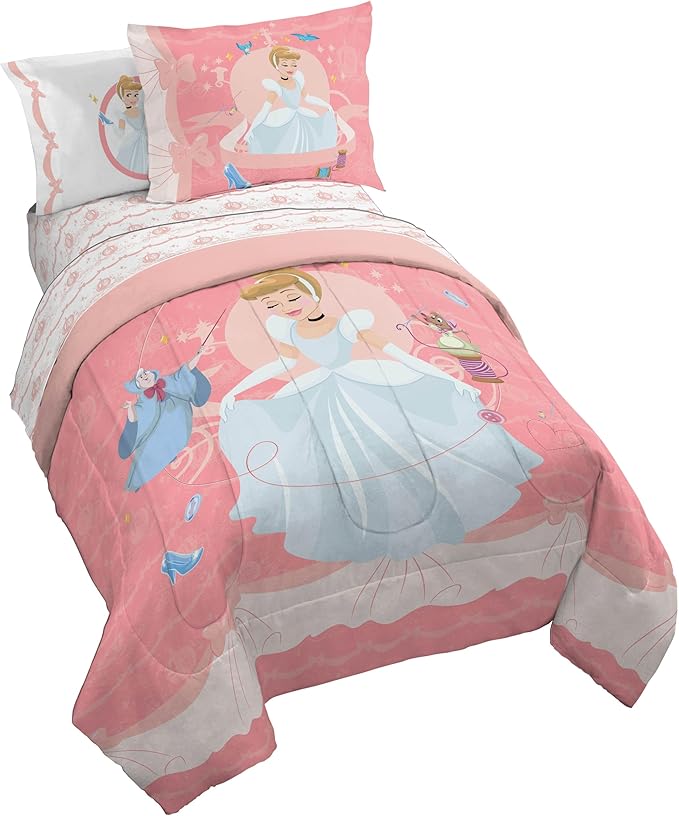 Jay Franco Kids Comforter Set Includes Sheets and Pillow Covers - Soft and Cozy Bed Set for Stylish Room Decor, Pink - Princess Cinderella, 5 Piece Twin Size Bedding