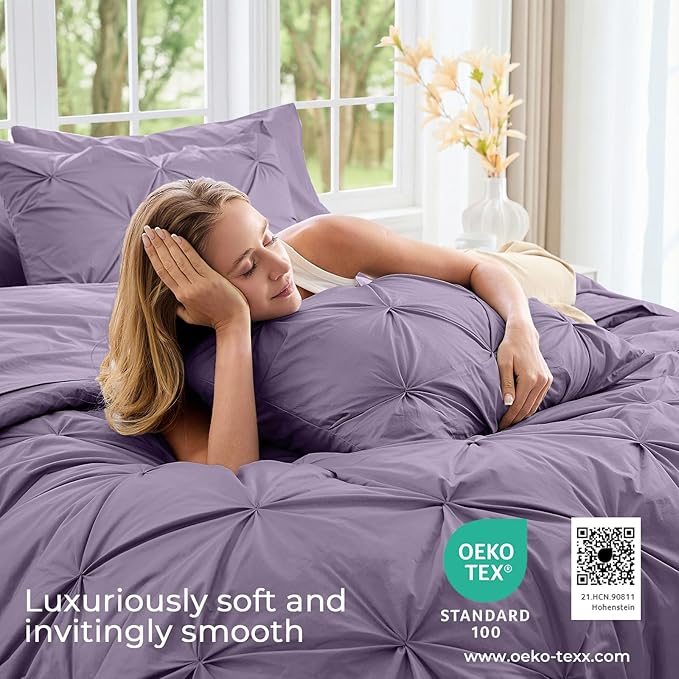 Sasttie Twin Comforter Set, 5-Piece Bed in a Bag, Pintuck Bedding Sets for All Season, Includes Comforter, Flat Sheet, Fitted Sheet, Pillowcase and Pillowsham, New Purple