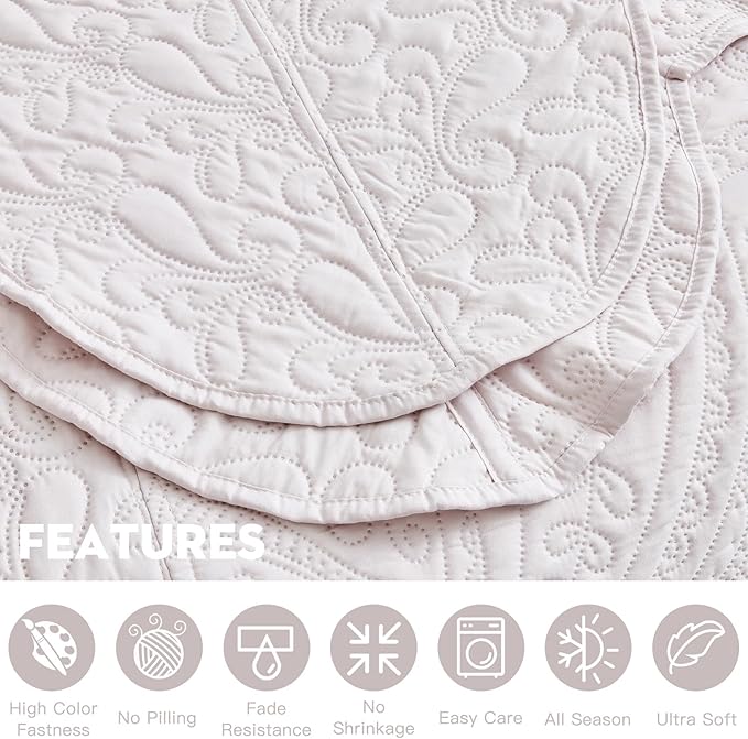 Oversized King Bedspread 128x120 Extra Wide, Ultrasonic Lightweight Bedding Cover, Paisley Pattern, Reversible, 5 Piece, 100% Microfiber, Gray Lilac