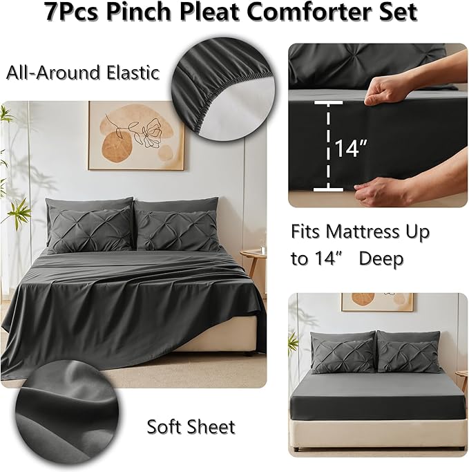 Full Comforter Set Dark Grey, 7 Pieces Pintuck Bed in A Bag Full Size Bedding, Soft Bed Set All Season Pinch Pleat Comforter Set with Sheets, Pillowcases & Shams