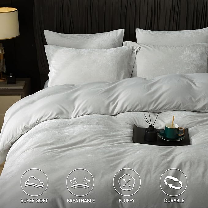 PHF Truly Velvet Duvet Cover Set Queen Size, 3pcs Ultra Soft Breathable Comforter Cover Set, Luxury Cozy Flannel Duvet Cover with Pillow Shams Bedding Collection, 90" x 90", Sliver Grey