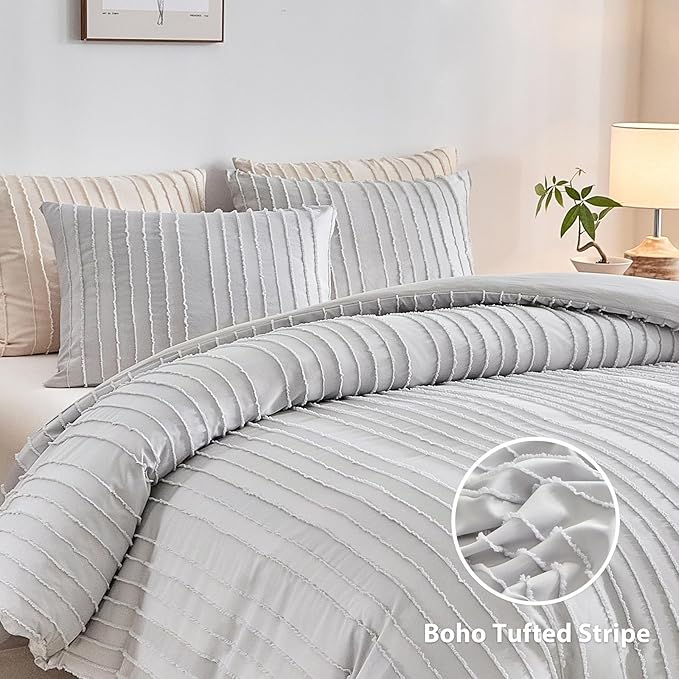 WARMDERN Boho Duvet Cover Set Full Size, Striped Textured Duvet with Zipper Closure, 3 Pcs Ultra Soft Washed Microfiber (Full, LightGrey)