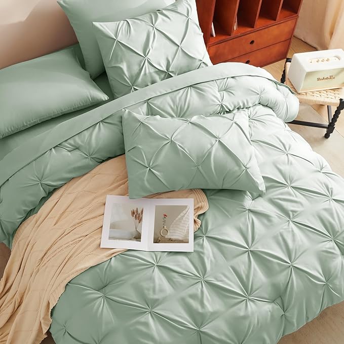 CozyLux Full Size Comforter Sets Sage Green, 7 Pieces Pintuck Bed in A Bag Green Comforter Full Size, Pinch Pleat Bedding Sets with All Season Comforter, Sheets, Pillowcases & Shams