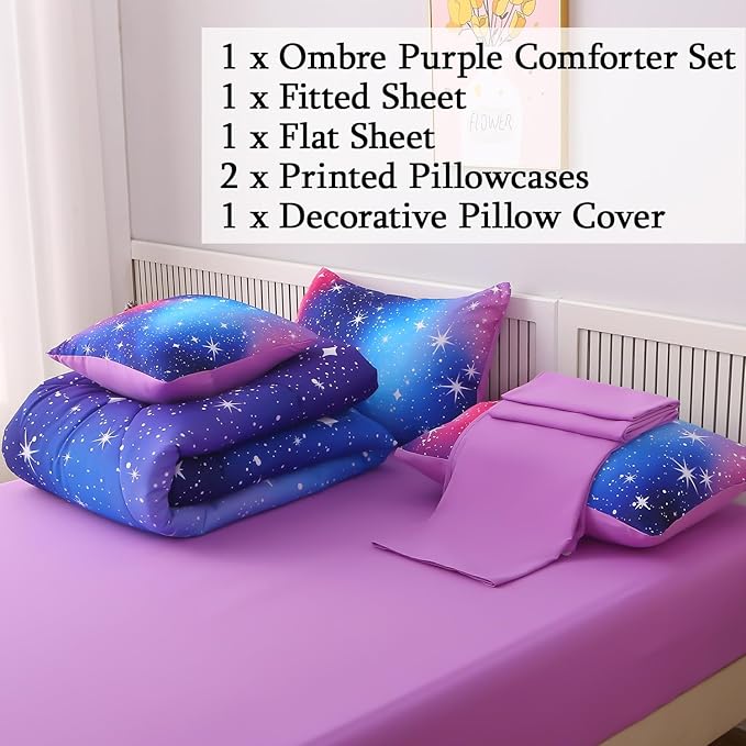 JQinHome Queen Ombre Pink Purple Comforter Set, 6 Piece Bed in A Bag 3D Colorful Bedding Sets for Teen Girls (1 Comforter,2 Pillowcases,1 Flat Sheet,1 Fitted Sheet,1 Cushion Cover)(Star Purple)