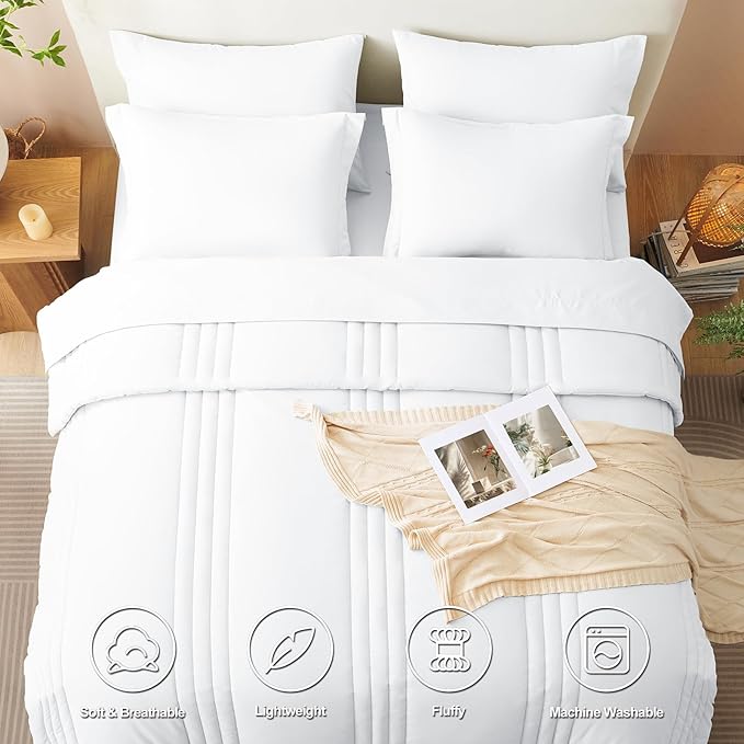 CozyLux California King Size Comforter Set - 7 Pieces Bed in a Bag White Comforter Set with Sheets Cal King, Soft Bedding Set with Down Alternative Comforter, Sheets, Pillowcases & Shams