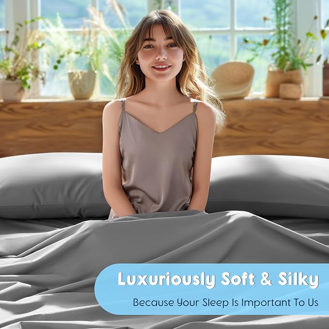 SONORO KATE 100% Egyptian Cotton Sheets Set, Extra Deep Pocket up to 18"-24",1000 High Thread Count, Soft & Breathable 5-Star Hotel Sateen Bed Sheets - 4 PC (Grey,Queen)