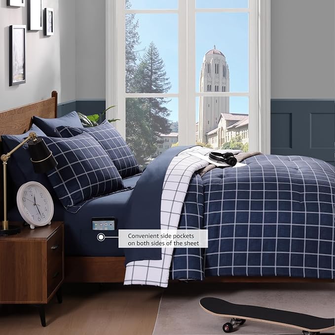 Plaid Twin XL Comforter Set Dark Blue, Reversible Checkered Bedding Set 5 Pieces for Boys Girls Teen, Lightweight Bed in a Bag for Dorm with Sheets, Pillowcase & Sham